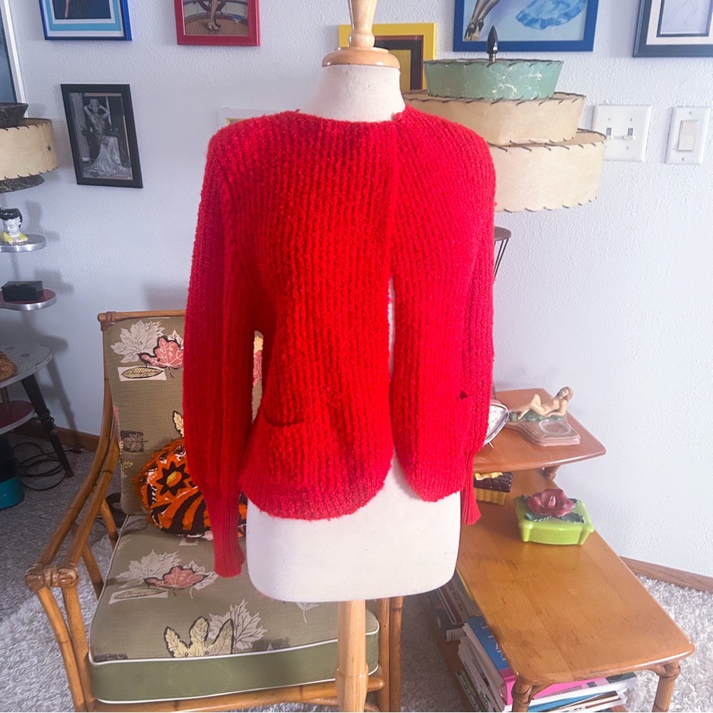 Vintage 1940s Style Sweater l Cardigan | Red | Fuzzy | M L | 80s l 40s